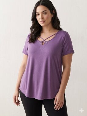Lily Morgan Loose Fit Dusty Purple Short Sleeve Notch Neck Strappy Tee Size M